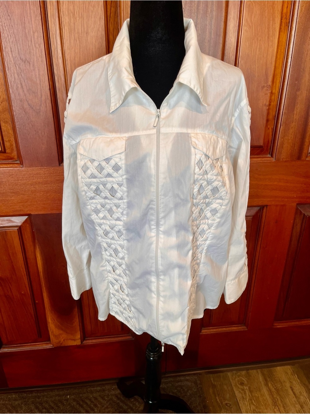 Samuel Dong Top Shirt Large White Zip Front Cotton Blend Lattice Braided Vintage
